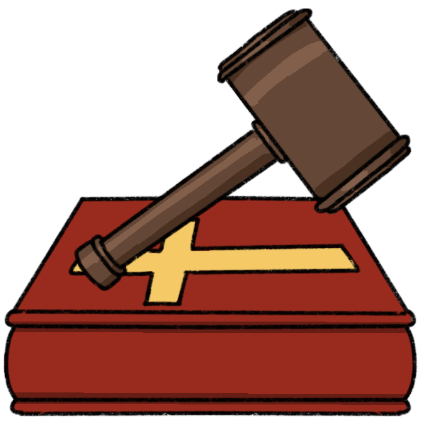 A wooden gavel positioned over a red Bible with a cross on the front. 